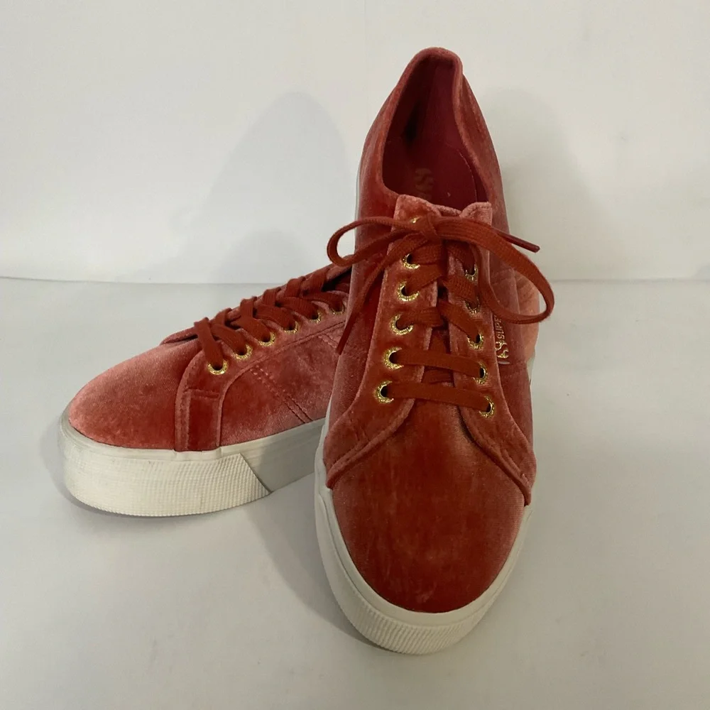 Superga Red Velvet Platform Sneakers Matching Laces & GoldToned Eyelets; 8M/9.5W